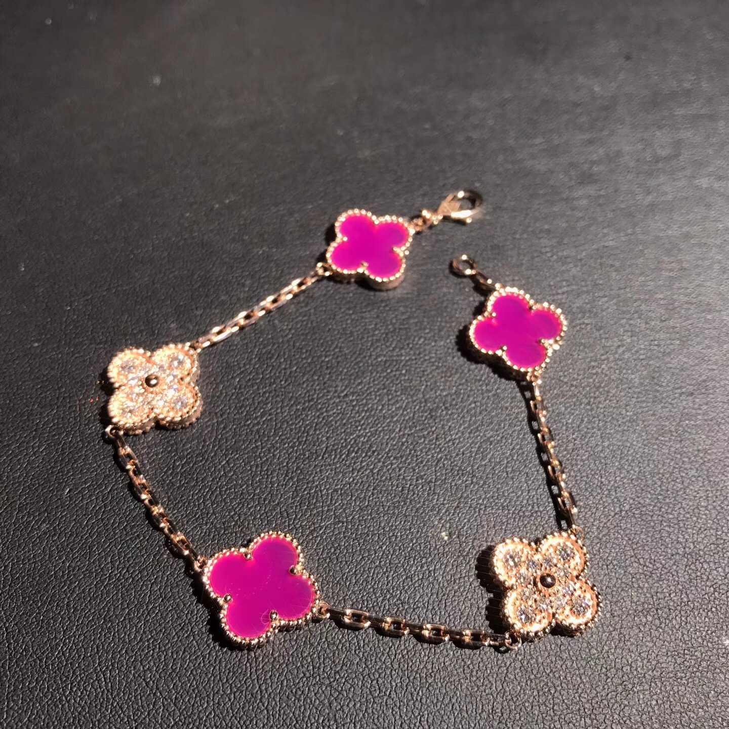 Inspired Van Cleef & Arpels Vintage Alhambra bracelet 5 motifs 18k pink gold Stones combination