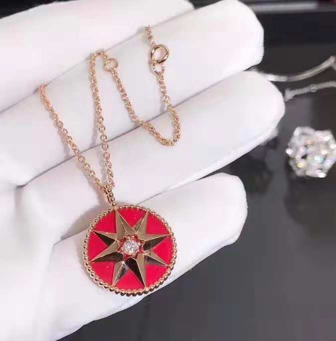 18k Pink Gold Dior Rose Des Vents Medallion Diamond and Red Lacquered Ceramic Necklace