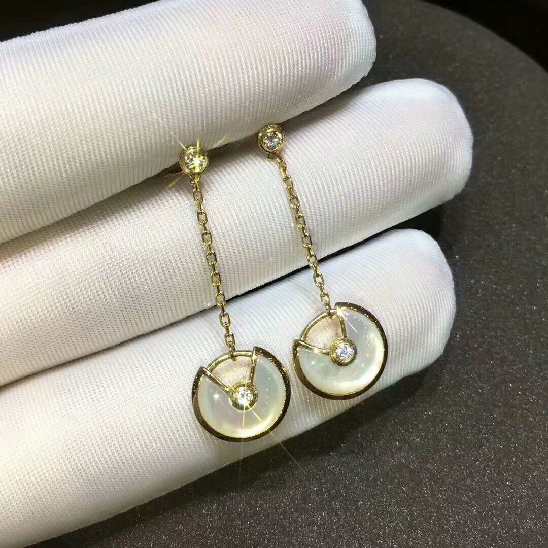 Custom Made Amulette de Cartier Drop Earrings 18k Yellow Gold with Mother of Pearl set with 4 Diamonds