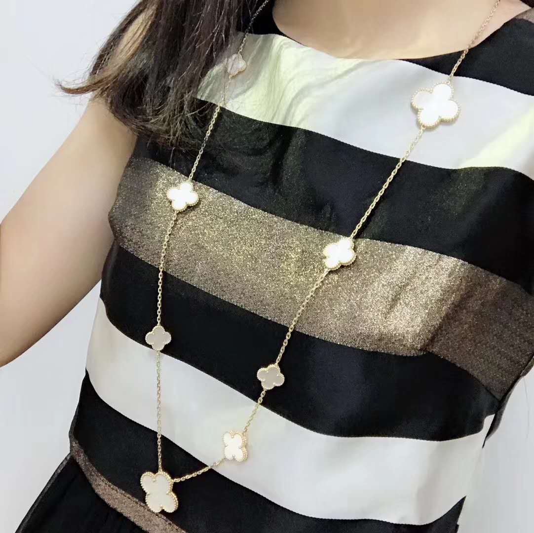 Real Gold Van Cleef & Arpels Magic Alhambra 16 Motifs Long Necklace 18k Yellow Gold White Mother-of-pearl