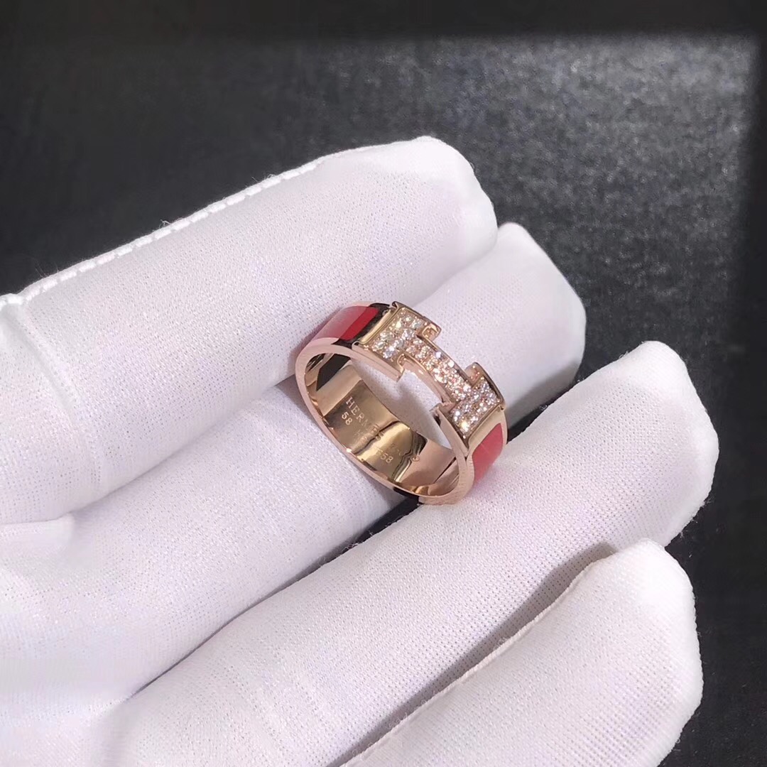 Inspired Hermes Clic H Red Enamel Ring 18k Rose Gold set with diamond