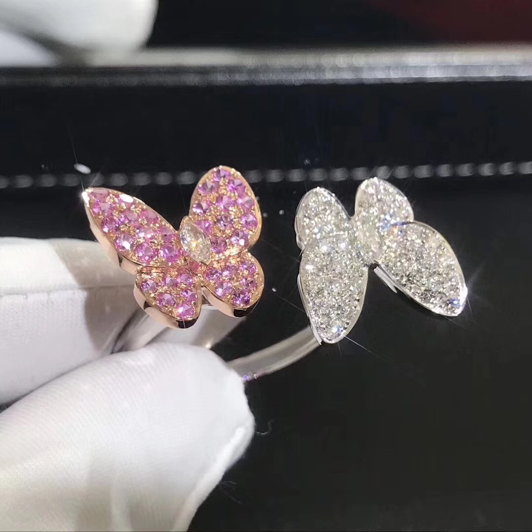 Inspired Van Cleef & Arpels Two Butterfly between-the-finger ring 18k white gold diamond and sapphire VCARO3M500