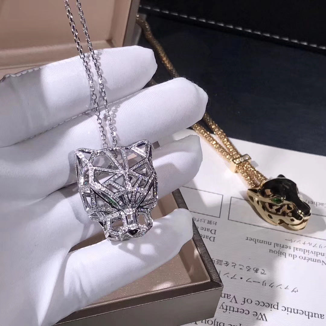 Panthère de Cartier necklace 18k white gold pave diamonds with emeralds & onyx