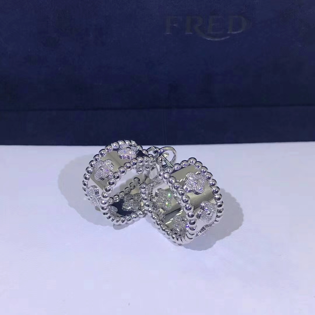 Van Cleef & Arpels Perlée Clover Diamonds 18K White Gold Hoop Earrings