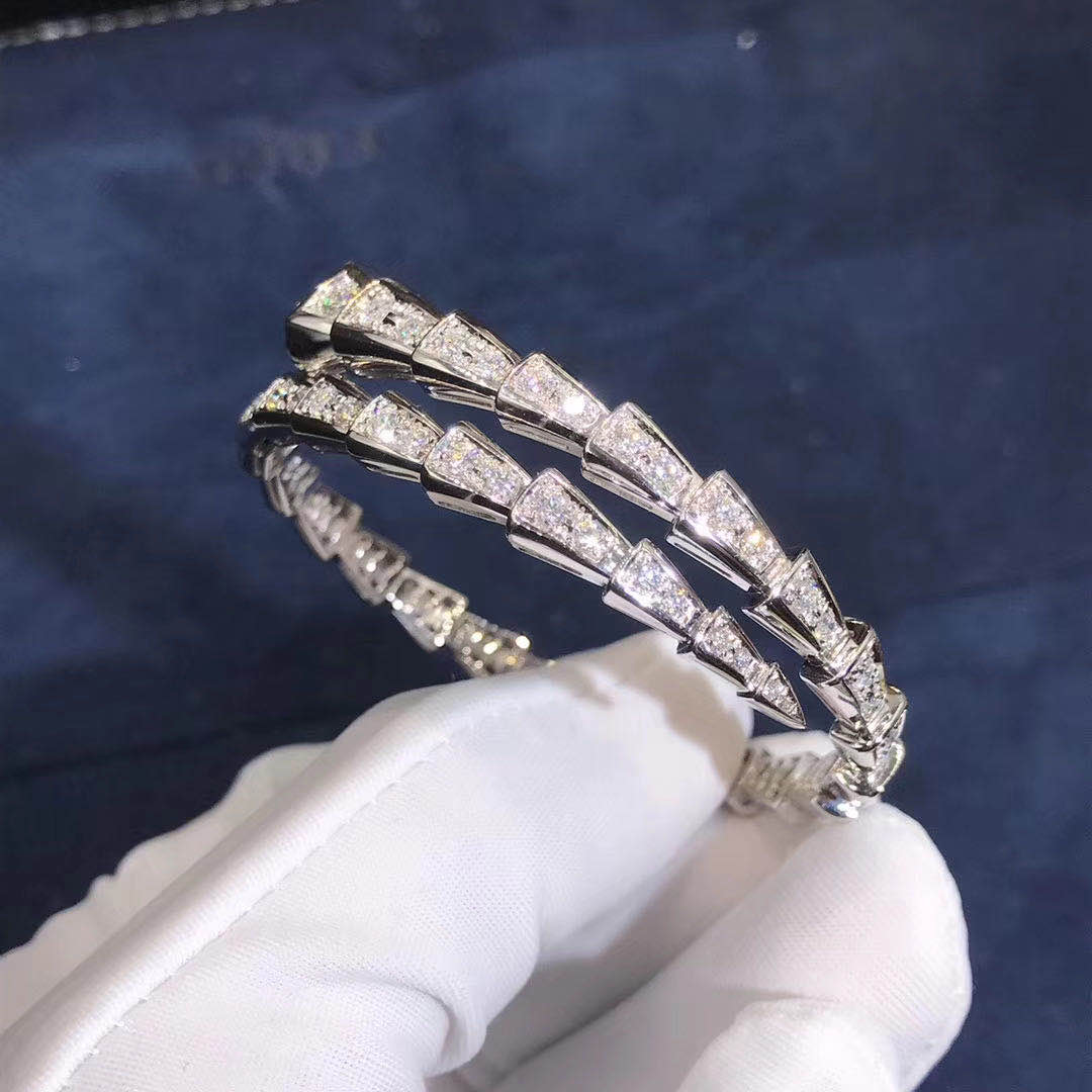 Bvlgari Serpenti one-coil slim bracelet in 18kt white gold with full pavé diamonds