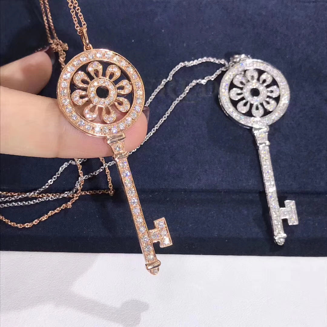 Tiffany & Co. Petal Key Pendant Necklace 18k Rose Gold with Pave Diamonds, Large Size