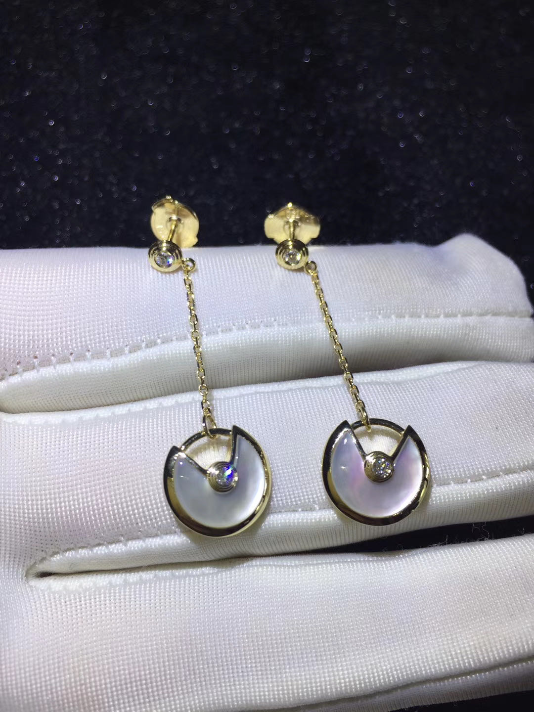 Custom Made Amulette de Cartier Drop Earrings 18k Yellow Gold with Mother of Pearl set with 4 Diamonds