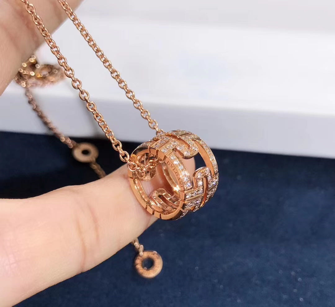 Bvlgari Parentesi Necklace with 18K Rose Gold Chain and Round 18K Rose Gold Pendant Set with Pave Diamonds