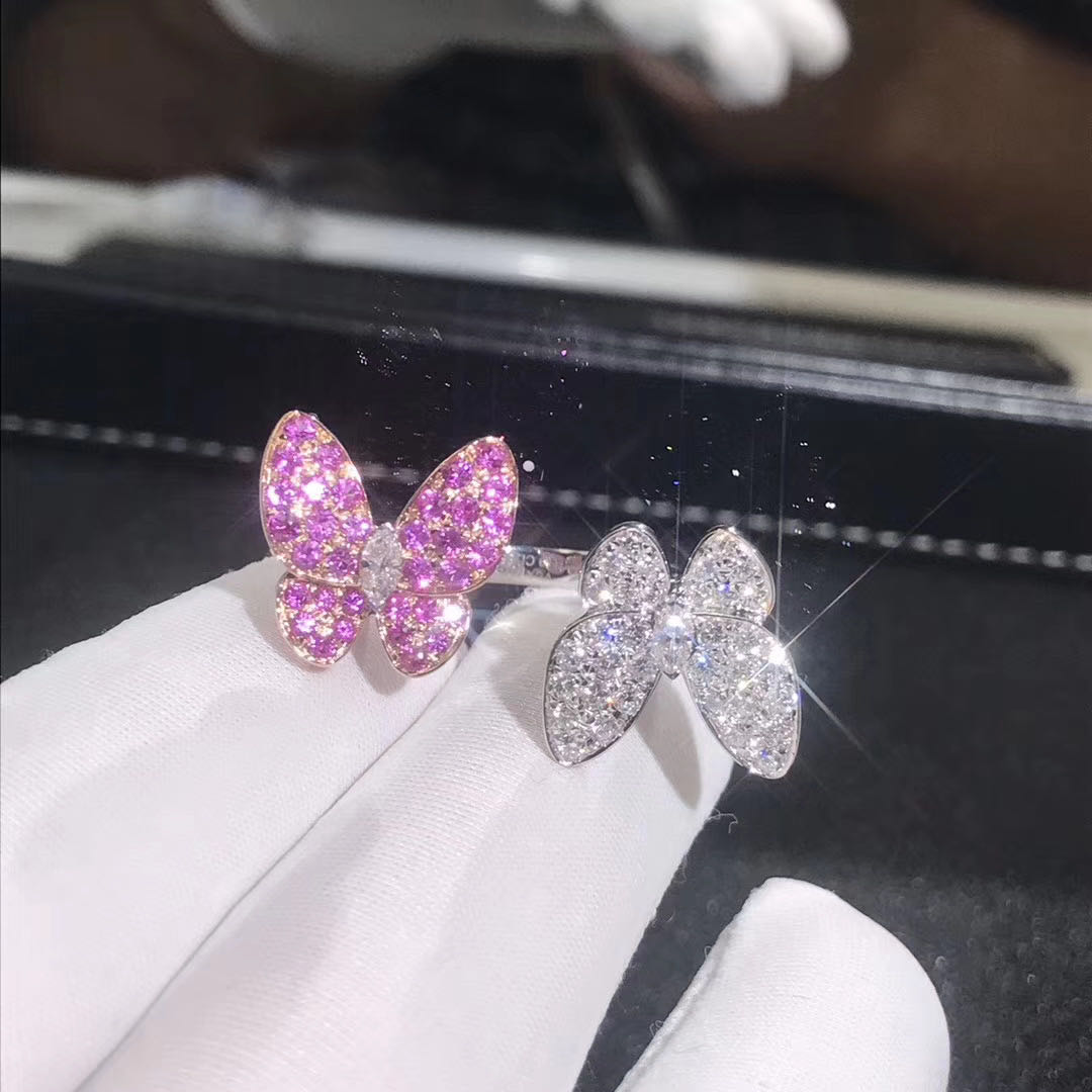 Real 18k Rose gold Van Cleef & Arpels Two Butterfly Between the Finger ring