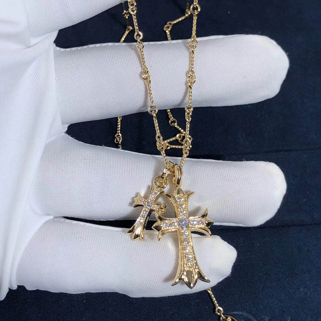 Chrome Heart Cross Series 18K Yellow Gold Full Diamond Crucifix Pendant Necklace