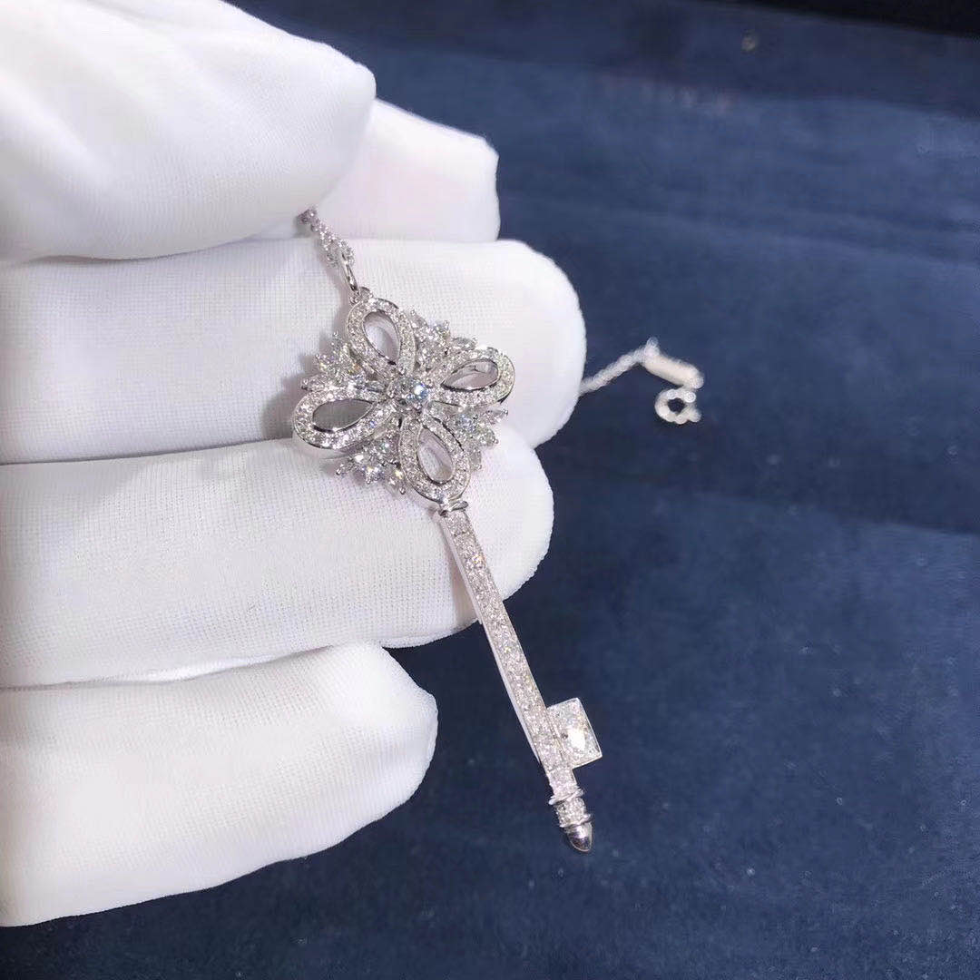 Inspired Tiffany Platinum Victoria Diamonds Key Pendant Necklace
