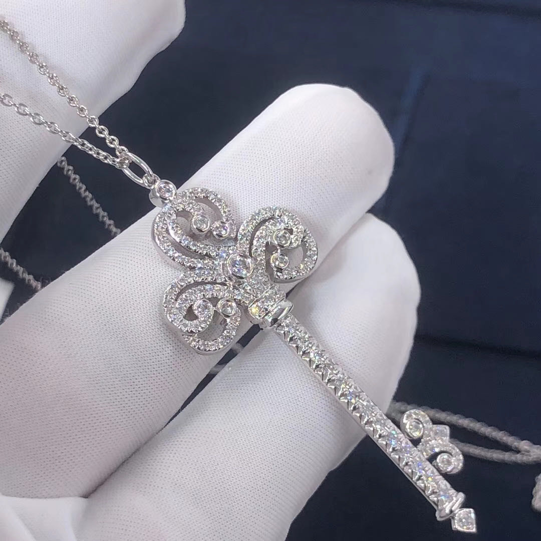 Tiffany Platinum Fleur de Lis Diamond Key Pendant Necklace