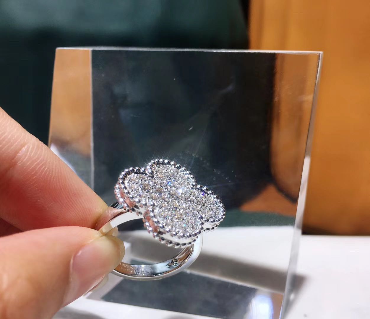 Authentic Van Cleef Arpels 18K White Gold Diamond Paved Magic Alhambra Ring