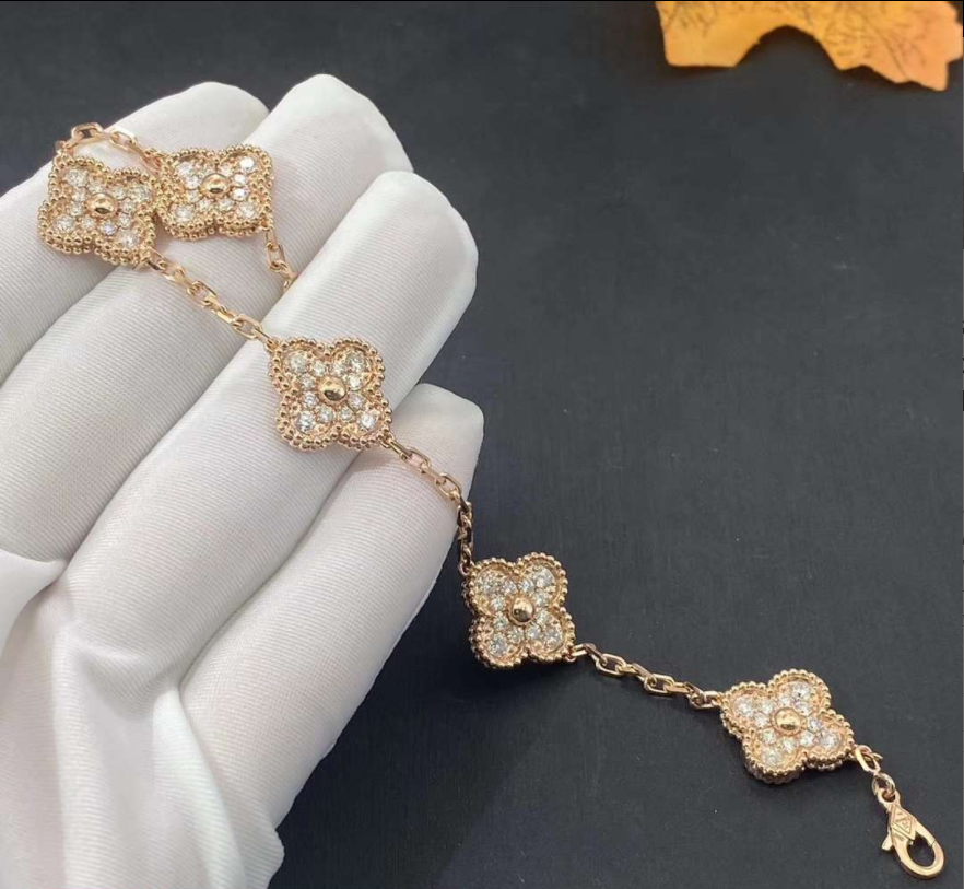 Van Cleef & Arpels 18K Yellow Gold 5 Motifs Vintage Alhambra Diamond Bracelet VCARA41400