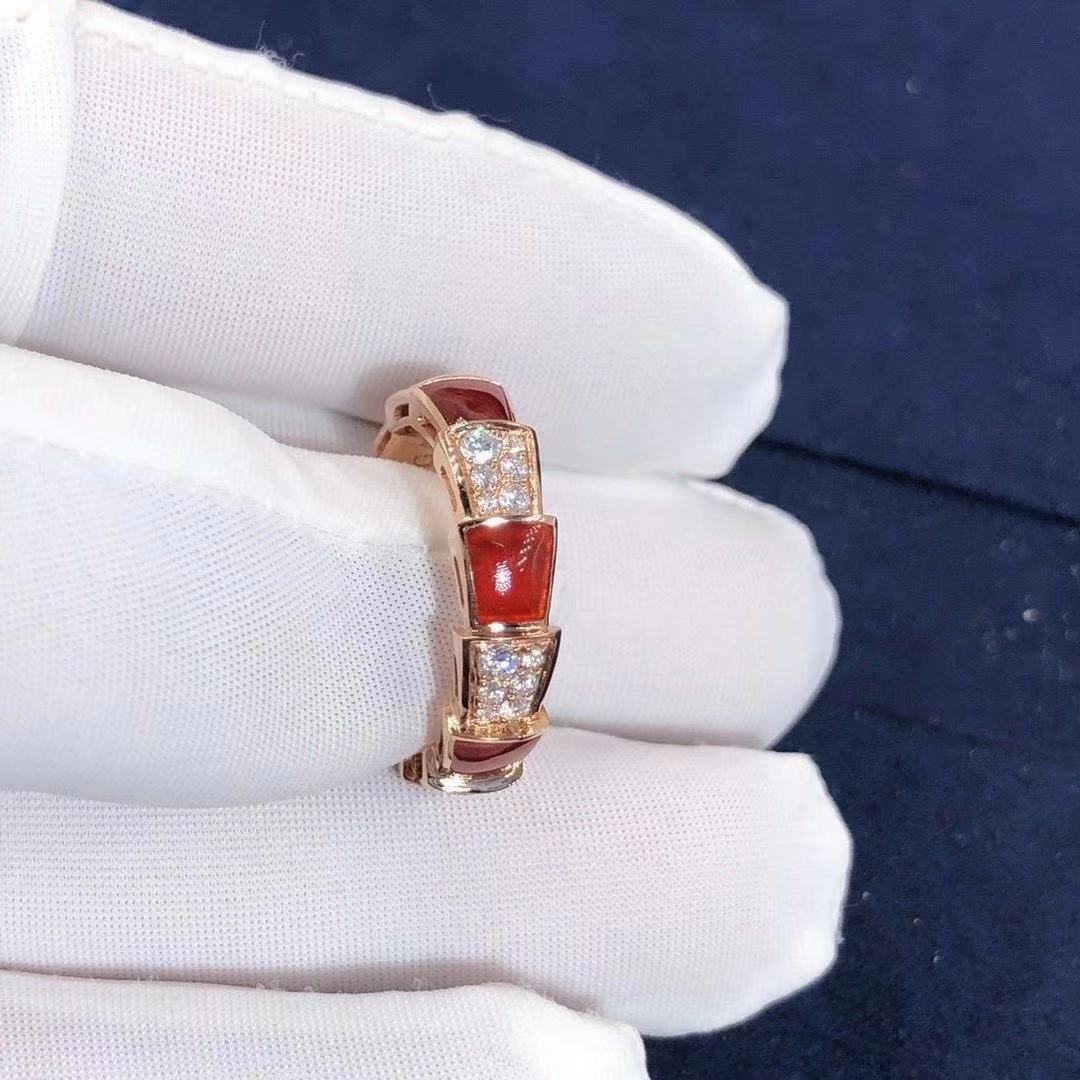 Bulgari Serpenti Viper 18K Rose Gold with Carnelian and Pavé Diamonds Band Ring 353355